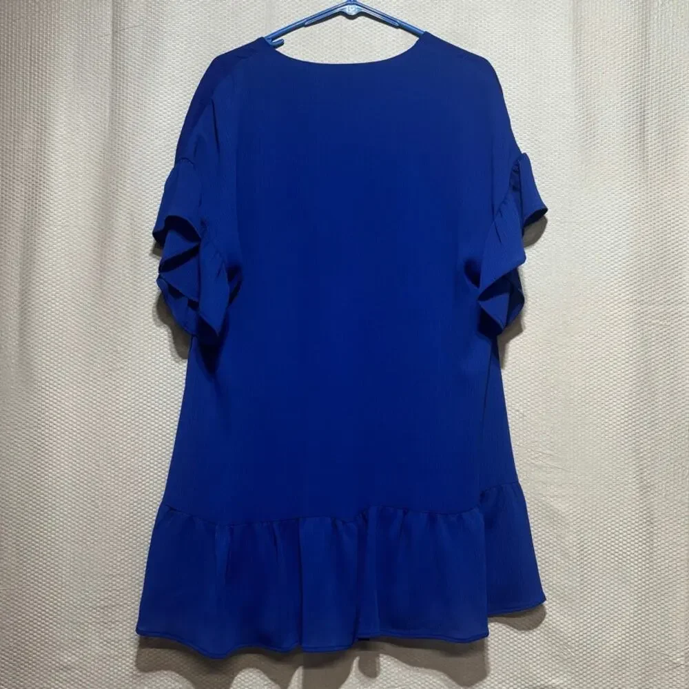 Tyche Womens M Royal Blue Ruffle Sleeve V-Neck Crepe Mini Dress Flounce Hem Chic - Picture 8 of 8